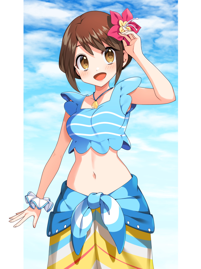 1girl :d absurdres bangs blue_shirt blush breasts brown_eyes brown_hair clouds commentary_request day flower gloria_(pokemon) hair_flower hair_ornament hand_up highres jewelry midriff navel necklace open_mouth outside_border pillarboxed pokemon pokemon_(game) pokemon_masters_ex purple_flower sarong scrunchie shiny shiny_hair shirt sky sleeveless sleeveless_shirt smile solo tongue wrist_scrunchie yuihico