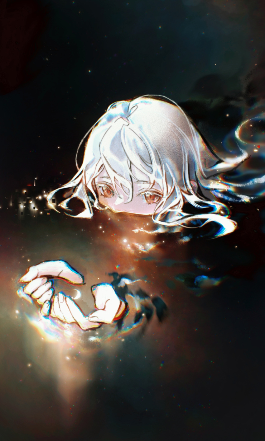 1girl arknights bangs chinese_commentary commentary_request floating_hair hair_between_eyes hands_up highres long_hair night night_sky partially_submerged red_eyes ripples silver_hair skadi_(arknights) sky solo star_(sky) starry_sky water yonghu_pei_yezi