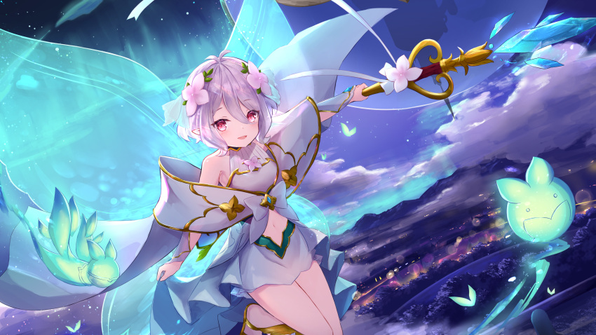 1girl antenna_hair chinese_commentary detached_sleeves dress flower hair_between_eyes hair_flower hair_ornament highres holding holding_staff kokkoro_(princess_connect!) looking_at_viewer navel night outdoors pointy_ears poumi princess_connect! red_eyes silver_hair sleeveless smile solo staff stomach white_dress