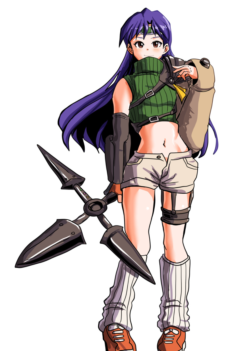 1girl arm_warmers belt brown_eyes cosplay final_fantasy final_fantasy_vii fingerless_gloves full_body gloves headband highres holding holding_weapon idolmaster kisaragi_chihaya koyamonpower long_hair looking_at_viewer loose_socks midriff navel orange_footwear purple_hair shoes shorts simple_background single_glove sleeveless sleeveless_turtleneck smile sneakers solo standing thigh_strap turtleneck weapon white_background white_legwear yuffie_kisaragi yuffie_kisaragi_(cosplay)