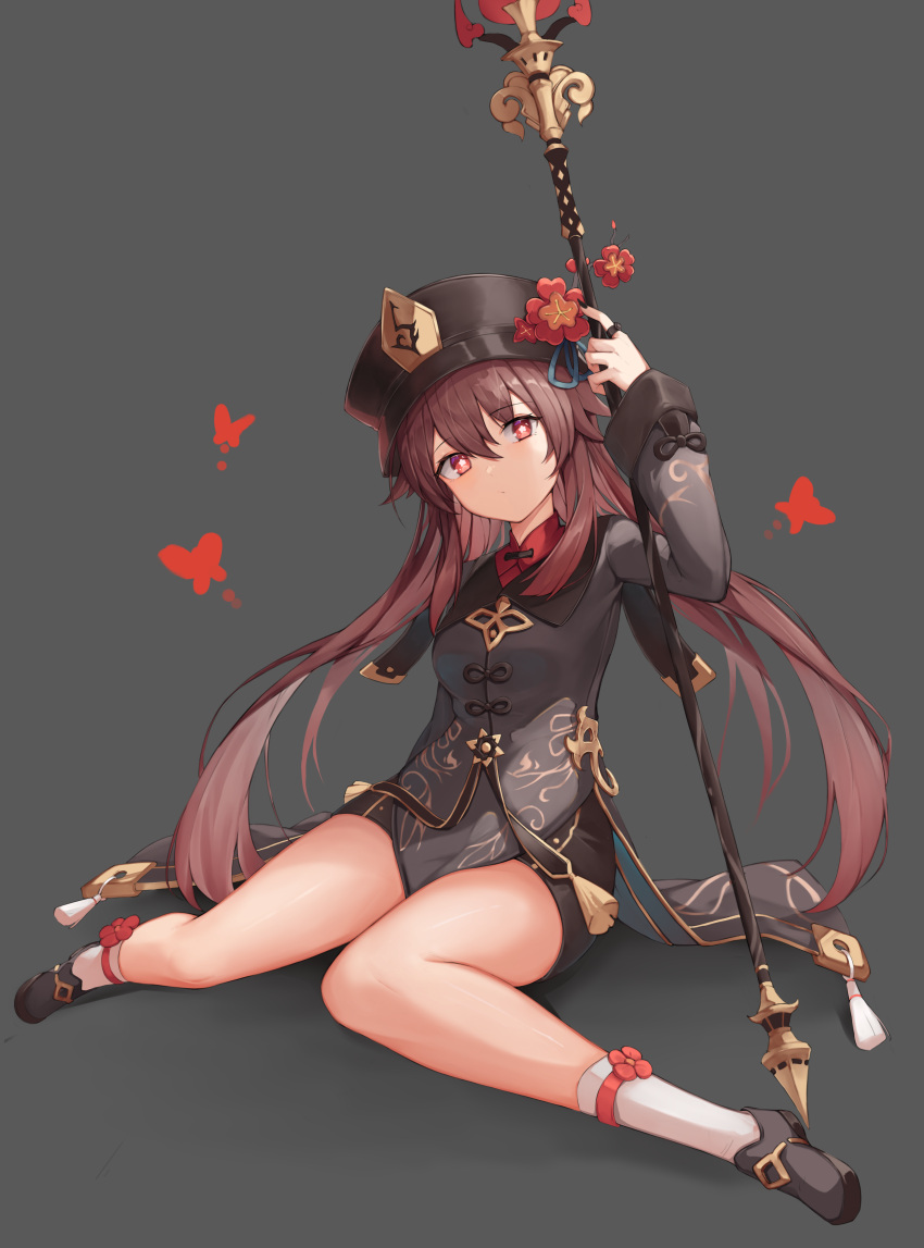 1girl absurdres bare_legs black_footwear black_headwear black_shirt black_shorts brown_hair expressionless flower genshin_impact hand_up hat hat_flower highres holding holding_polearm holding_spear holding_weapon hu_tao_(genshin_impact) long_hair long_sleeves looking_at_viewer polearm red_eyes shirt shoes short_shorts shorts sitting socks solo spear star-shaped_pupils star_(symbol) symbol-shaped_pupils thick_thighs thighs very_long_hair weapon white_legwear yukaring1