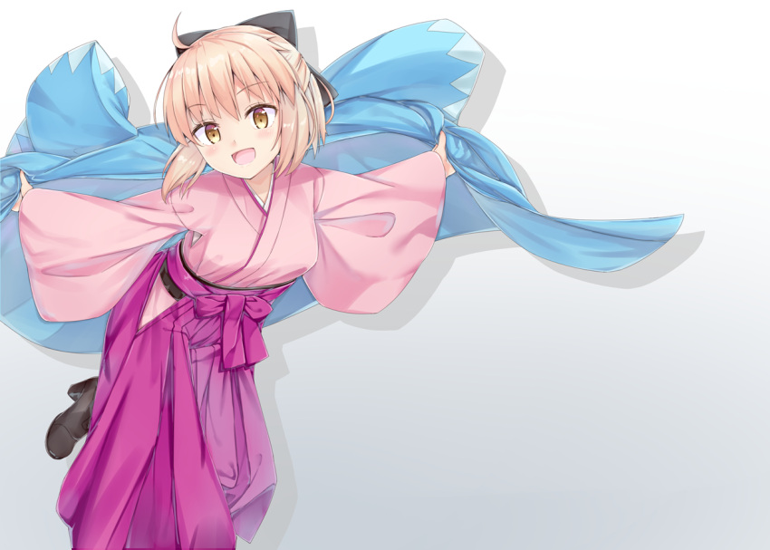 1girl ahoge akazateri bangs black_bow blonde_hair bow brown_footwear commentary_request eyebrows_visible_through_hair fate/grand_order fate_(series) holding_cloth japanese_clothes kimono long_skirt medium_hair okita_souji_(fate) okita_souji_(fate)_(all) pink_kimono pink_skirt skirt smile solo white_background yellow_eyes