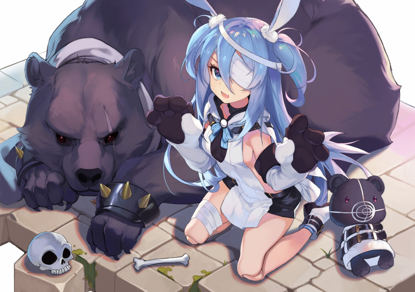 1girl :d animal animal_ears bandage_over_one_eye bare_shoulders bear black_choker black_shorts blue_eyes blue_hair bone boots bow bowtie breasts choker elbow_gloves fang gloves hair_between_eyes highres hood hood_down kneeling linmiu_(smilemiku) little_witch_nobeta long_hair looking_at_viewer monica_(little_witch_nobeta) open_mouth paw_gloves paws rabbit_ears revealing_clothes short_shorts shorts sideless_outfit skull small_breasts smile socks solo stuffed_animal stuffed_toy teddy_bear thighs two_side_up very_long_hair