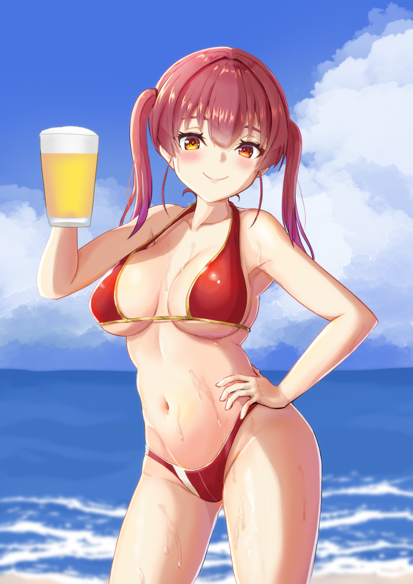 1girl alcohol bangs beach beer beer_mug bikini blue_sky blush breasts closed_mouth clouds cloudy_sky collarbone cowboy_shot cup eyebrows_visible_through_hair hair_tie hand_on_hip heterochromia highres holding holding_cup hololive houshou_marine iva23_iva23 large_breasts lips long_hair mug navel ocean red_eyes redhead sand skindentation sky smile solo strap_gap swimsuit twintails virtual_youtuber water wet yellow_eyes