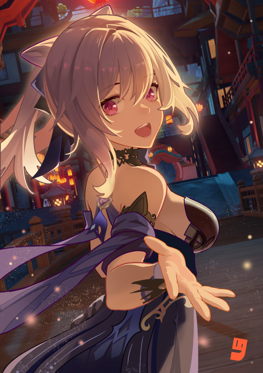 1girl :d architecture bangs bare_shoulders black_bow black_dress bow breasts cheeky_little_star detached_sleeves dress east_asian_architecture eyebrows_visible_through_hair from_behind genshin_impact hair_bow hair_cones highres keqing_(genshin_impact) keqing_(opulent_splendor)_(genshin_impact) light_particles long_hair looking_at_viewer looking_back medium_breasts night official_alternate_costume open_mouth outdoors outstretched_hand purple_hair short_sleeves sideboob smile solo twintails upper_body violet_eyes wrist_cuffs