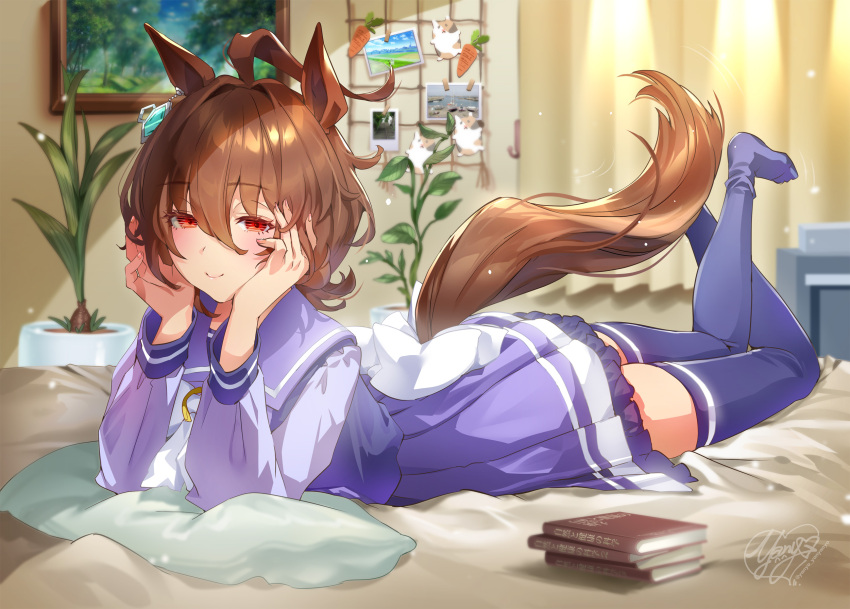 1girl agnes_tachyon_(umamusume) ahoge animal_ears blue_legwear book bow bowtie brown_hair carrot closed_mouth commentary_request curtains earrings elbow_rest empty_eyes flower_pot frilled_skirt frills hands_on_own_cheeks hands_on_own_face head_rest heart highres horse_ears horse_girl horse_tail indoors jewelry legs_up long_sleeves looking_at_viewer lying messy_hair motion_lines no_shoes ogino_atsuki on_bed on_stomach painting_(object) photo_(object) pillow plant pleated_skirt potted_plant purple_shirt purple_skirt red_eyes sailor_collar sailor_shirt school_uniform serafuku shadow shiny shiny_hair shirt short_hair signature single_earring skirt smile solo tail thigh-highs tracen_school_uniform twitter_username umamusume white_bow