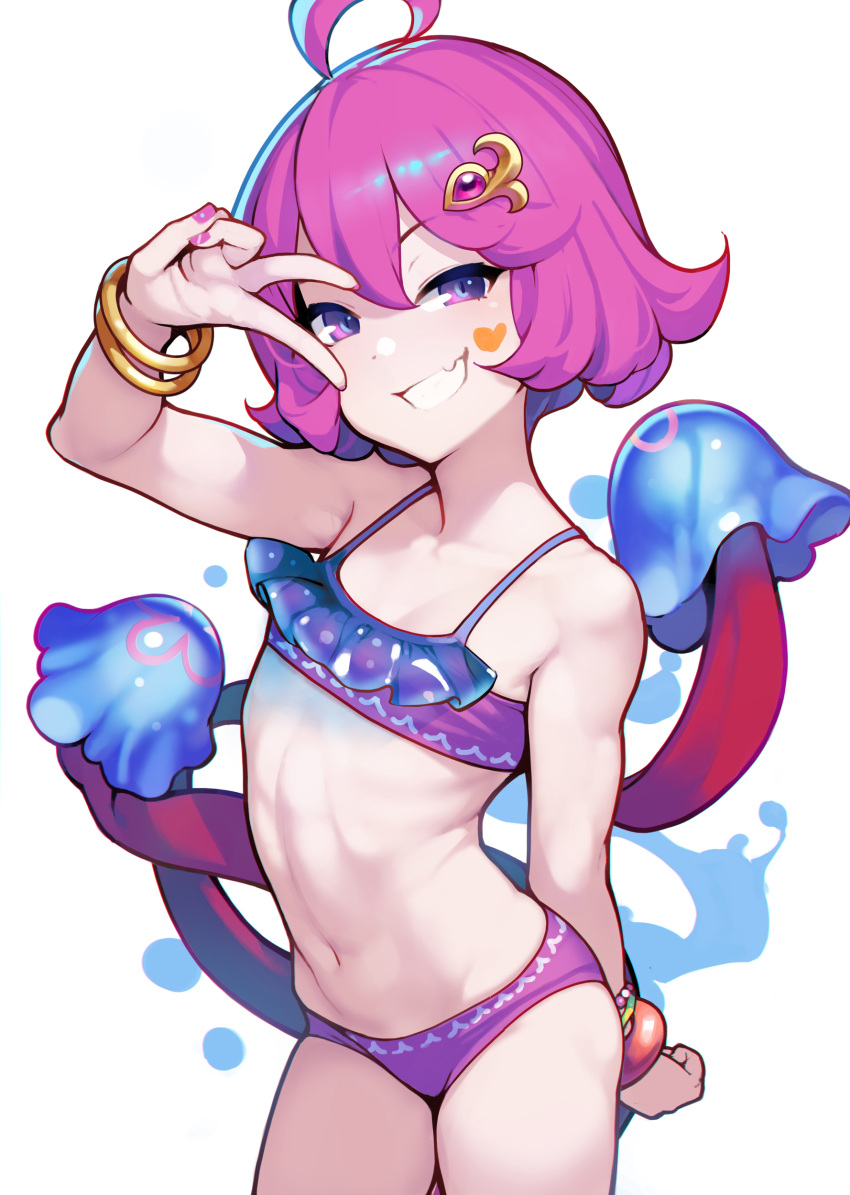 1girl absurdres ahoge arched_back arm_up ataruman bare_arms bare_shoulders bikini brave_frontier cowboy_shot fang flat_chest grin hair_ornament hairclip highres looking_at_viewer nail_polish navel pink_bikini pink_hair sae_(brave_frontier) short_hair smile solo stomach swimsuit tentacles v violet_eyes