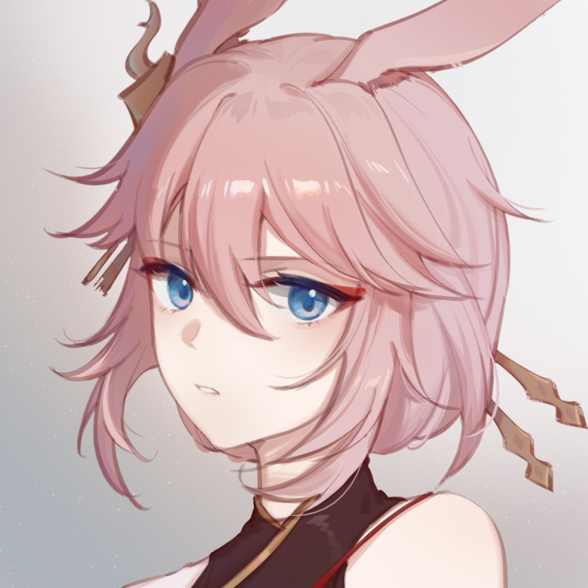 1girl alternate_eye_color animal_ears bangs bare_shoulders blue_eyes china_dress chinese_clothes dress fox_ears hair_between_eyes hair_ornament highres honkai_(series) honkai_impact_3rd looking_back open_mouth pink_hair portrait silence_(pixiv18541142) solo teeth yae_sakura