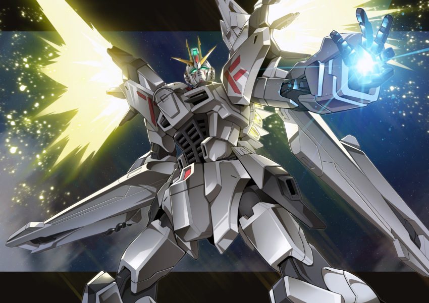 destiny_gundam energy_wings f91_gundam fusion gamiani_zero glowing glowing_eyes glowing_hand green_eyes gundam gundam_f91 gundam_seed gundam_seed_destiny highres impulse_gundam looking_up mecha mobile_suit no_humans open_hand science_fiction solo v-fin