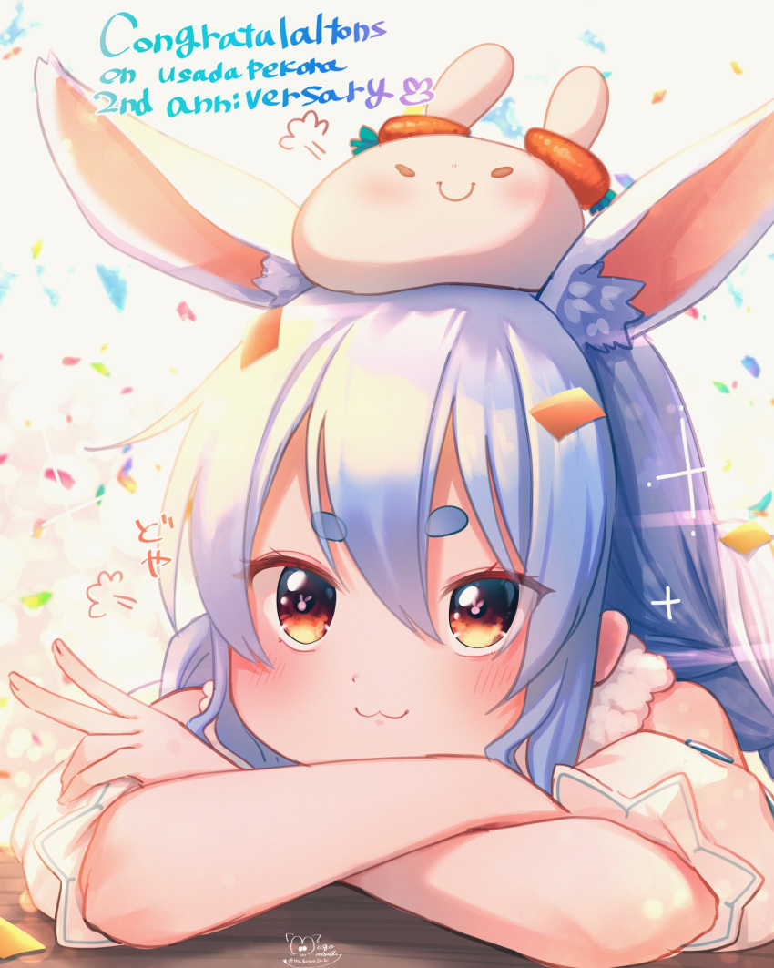 1girl :3 =3 animal_ear_fluff animal_ears bangs blue_hair blush bunny-shaped_pupils carrot closed_mouth commentary_request confetti congratulations creature_on_head crossed_arms detached_sleeves eyebrows_visible_through_hair hair_between_eyes highres hololive long_hair looking_at_viewer magowasabi multicolored_hair nousagi_(usada_pekora) rabbit_ears red_eyes short_eyebrows short_sleeves signature solo thick_eyebrows twitter_username usada_pekora very_long_hair virtual_youtuber white_hair