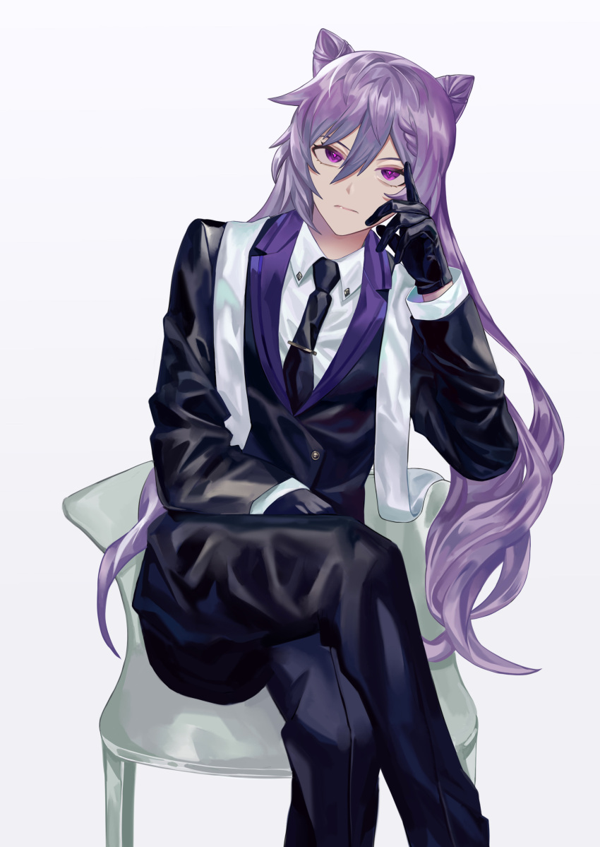1girl absurdres bangs black_gloves black_jacket black_neckwear braid breasts chair closed_mouth collared_shirt crossed_legs double_bun formal genshin_impact gloves hair_cones hand_on_own_face highres jacket keqing_(genshin_impact) long_hair long_pants long_sleeves looking_at_viewer necktie nugag pants purple_hair scarf shirt simple_background sitting solo suit twintails violet_eyes white_background white_shirt