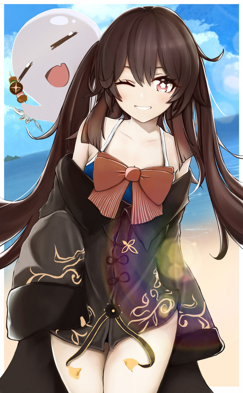 1girl ;d absurdres bare_shoulders beach blue_sky blush bow brown_hair cowboy_shot day food genshin_impact ghost hang.2o highres hu_tao_(genshin_impact) long_sleeves looking_at_viewer off_shoulder one-piece_swimsuit one_eye_closed open_mouth outdoors red_bow red_eyes sky sleeves_past_wrists smile solo swimsuit swimsuit_under_clothes symbol-shaped_pupils twintails