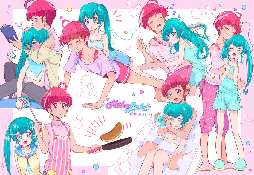 2girls :d :o ;d ^_^ ^o^ ahoge antennae apron aqua_eyes aqua_hair bangs barefoot bath bathing bathtub blouse blunt_bangs blush book border bra_strap character_name clenched_teeth closed_eyes collarbone cooking couple double_bun drooling earrings embarrassed exercise eyebrows_visible_through_hair flipping_food food frying_pan full-face_blush grin hagoromo_lala hair_down hair_ornament hair_up heart height_difference holding holding_book holding_frying_pan hoshina_hikaru hug jewelry juugoya_neko lying_on_person midriff_peek multicolored_hair multiple_girls multiple_views navel off_shoulder older one_eye_closed open_book open_mouth pajamas pancake pants pantyhose pink_border pink_eyes pink_hair pointy_ears precure push-ups reading ring sailor_collar shared_bathing shirt sitting sleeping sleeveless sleeveless_shirt slippers smile soap_bubbles sparkle spoken_heart spoken_zzz star_(symbol) star_earrings star_hair_ornament star_in_eye star_twinkle_precure streaked_hair sweat sweatdrop symbol_in_eye teeth training translated turtleneck twintails wavy_mouth wedding_band wedding_ring wife_and_wife yuri zzz
