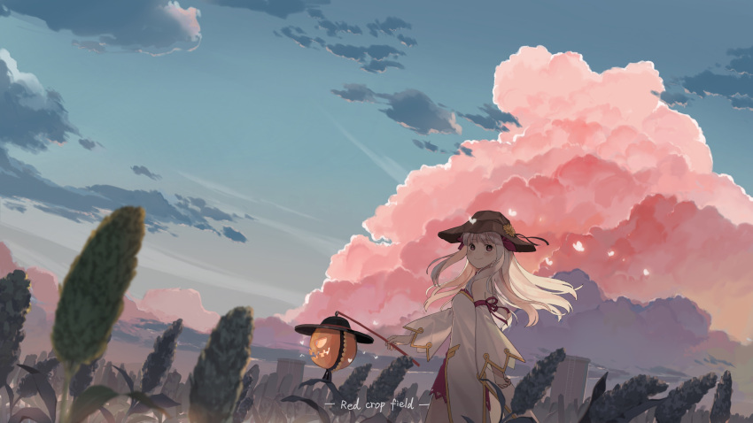 1girl absurdres bug butterfly character_request clouds cloudy_sky english_text field guazi hat highres insect jack-o'-lantern lantern latale long_hair outdoors red_eyes scenery sky smile solo white_hair