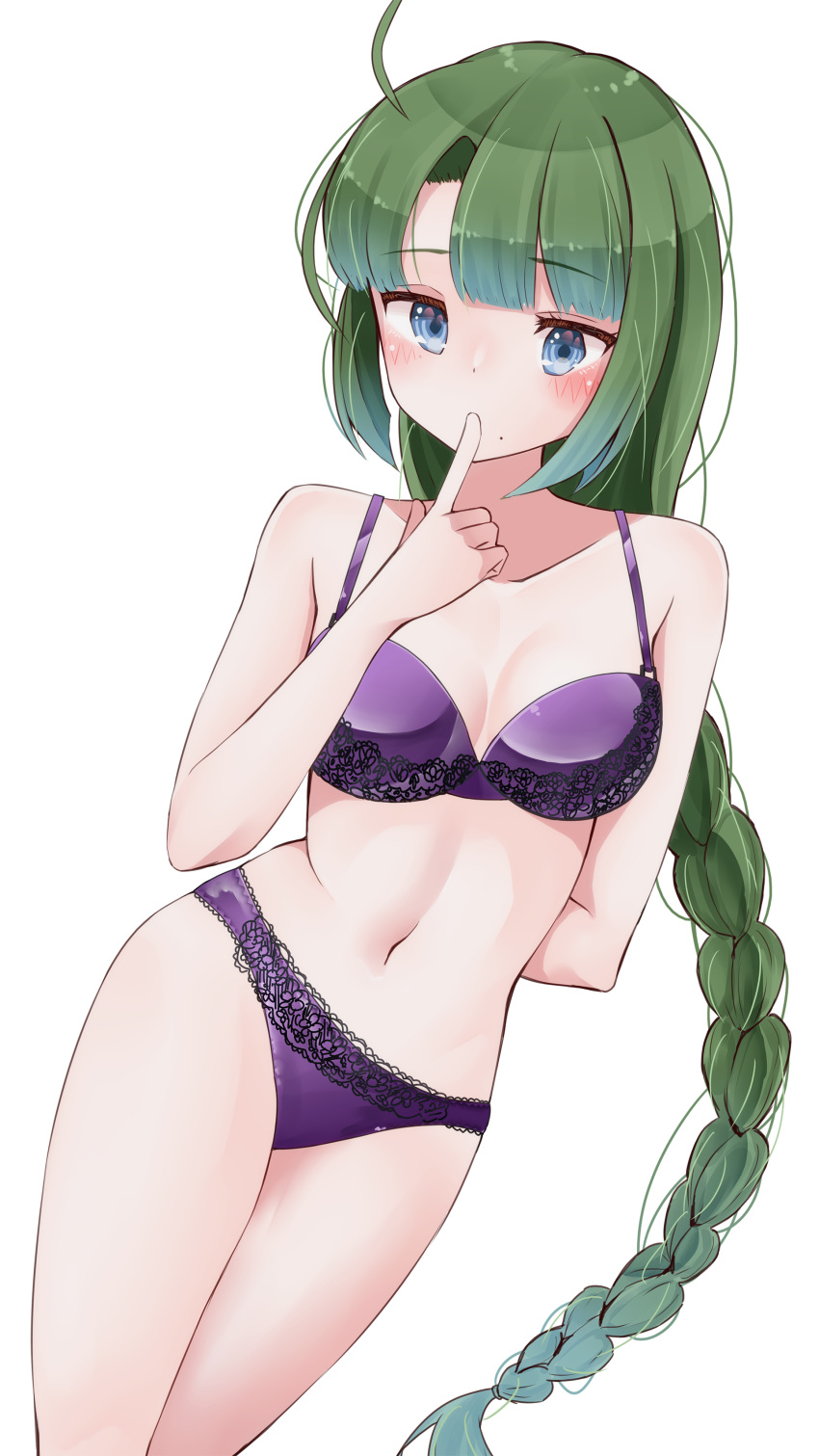 1girl absurdres ahoge arm_behind_back bangs blue_eyes blush bra braid breasts eyebrows_visible_through_hair finger_to_mouth green_hair haggy highres index_finger_raised kantai_collection lingerie long_hair medium_breasts mole mole_under_mouth panties purple_bra purple_panties simple_background single_braid solo underwear white_background yuugumo_(kancolle)