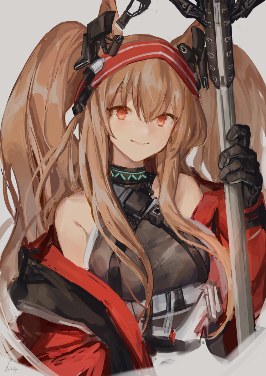 1girl angelina_(arknights) angelina_(distinguished_visitor)_(arknights) animal_ears arknights bangs bare_shoulders black_gloves blush breasts brown_hair closed_mouth cropped_torso fox_ears gloves hairband highres holding holding_staff infection_monitor_(arknights) jacket long_hair long_sleeves looking_at_viewer medium_breasts nashidrop off_shoulder open_clothes open_jacket red_eyes red_hairband red_jacket sidelocks signature simple_background smile solo staff twintails two-tone_hairband upper_body very_long_hair white_background