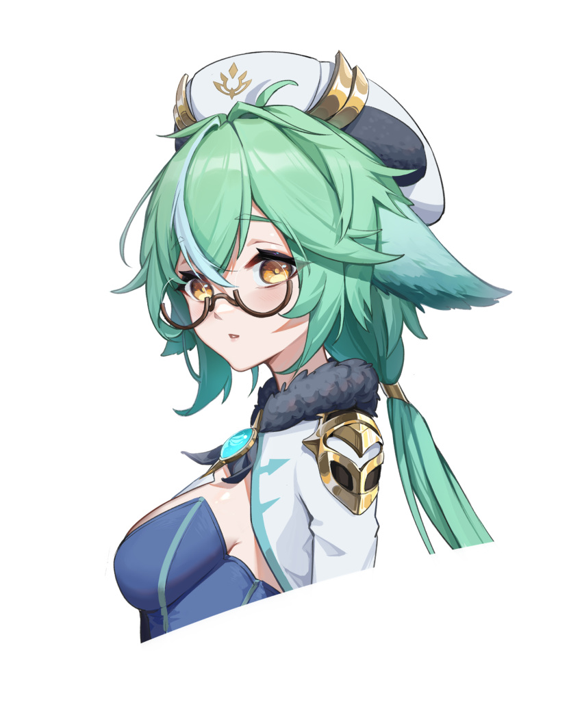 1girl absurdres aqua_hair armor bangs blush breasts brown-framed_eyewear chamuhz cropped_torso eyebrows_visible_through_hair from_side fur_collar genshin_impact glasses hair_between_eyes highres long_hair looking_at_viewer looking_to_the_side low_ponytail medium_breasts multicolored_hair parted_lips semi-rimless_eyewear shoulder_armor silver_hair simple_background solo strapless streaked_hair sucrose_(genshin_impact) two-tone_hair under-rim_eyewear upper_body vision_(genshin_impact) white_background white_headwear yellow_eyes