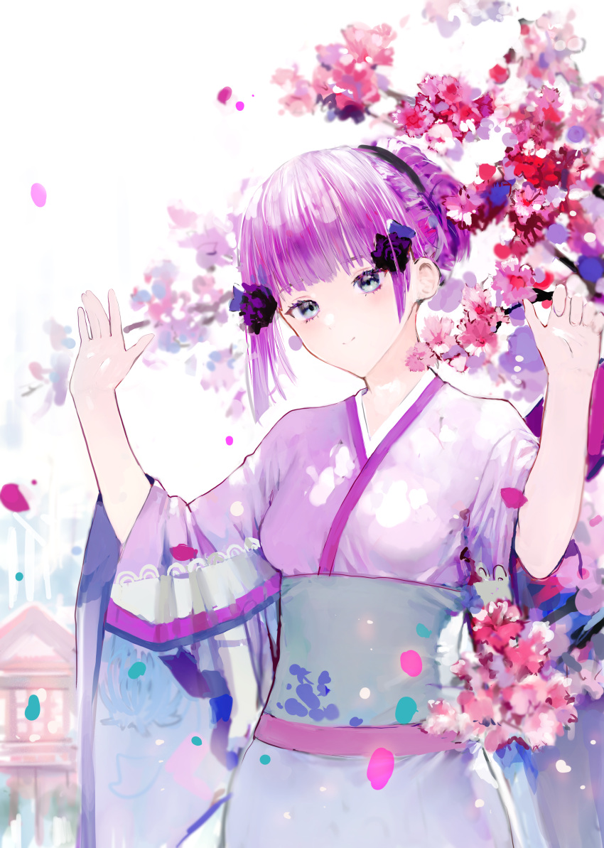 1girl absurdres ah_(pixiv62888100) blue_eyes breasts carcano_m91/38_(girls_frontline) cherry_blossoms closed_mouth eyebrows_visible_through_hair flower girls_frontline hair_flower hair_ornament hairclip highres house japanese_clothes long_hair petals purple_hair simple_background smile solo standing