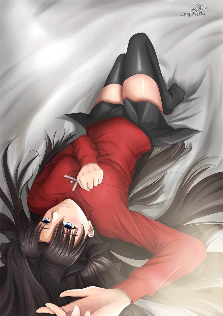 absurdres arm_above_head bangs black_hair black_legwear black_ribbon black_skirt blue_eyes blush breasts clenched_hand eyebrows_visible_through_hair eyelashes fate/stay_night fate_(series) friskkle from_above hair_ribbon hand_on_own_chest highres knees_up lips long_hair long_sleeves looking_ahead lying medium_breasts no_shoes on_back pleated_skirt red_shirt ribbon shiny shiny_hair shiny_skin shirt skirt sunlight thigh-highs thighs tohsaka_rin twintails two_side_up zettai_ryouiki