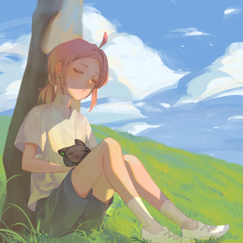 1boy 1girl ahoge black_footwear blue_sky blush closed_eyes clouds cloudy_sky day grass highres luoxiaobai luoxiaohei medium_hair outdoors pink_hair plant ponytail shadow shirt shoes short_sleeves shorts sky socks suiridu the_legend_of_luo_xiaohei white_footwear white_legwear white_shirt