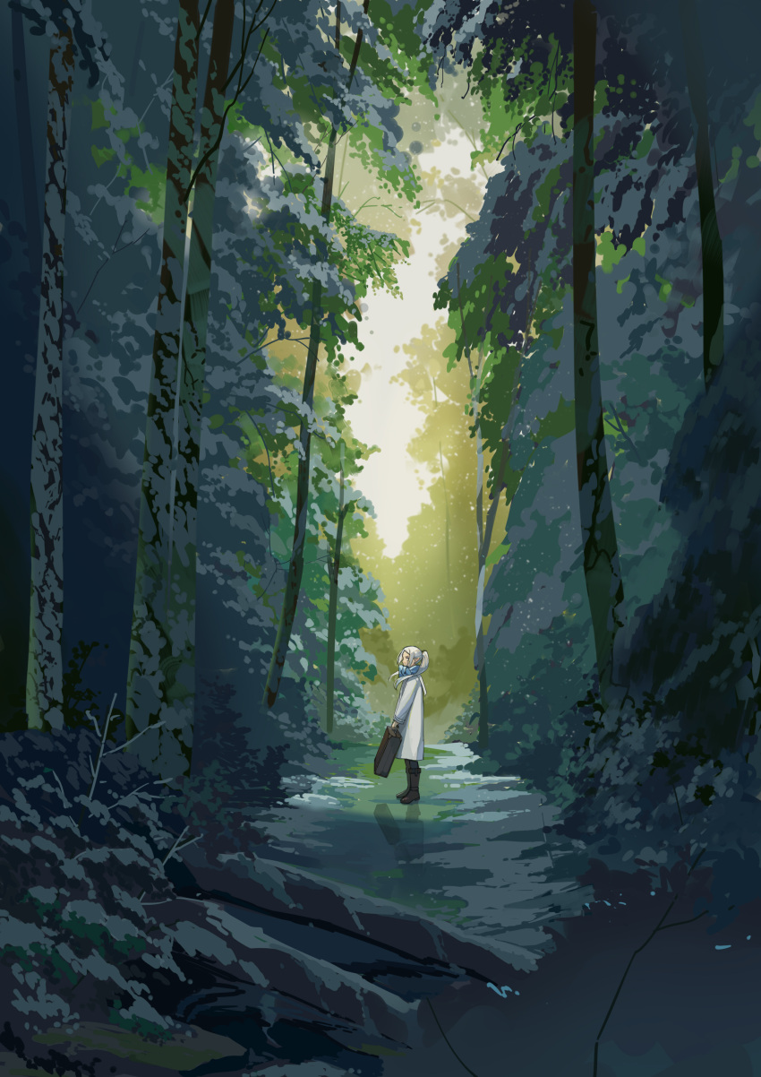 1girl absurdres boots elf forest from_side guazi highres long_hair nature outdoors pointy_ears ponytail scenery solo sousou_no_frieren standing suitcase white_hair