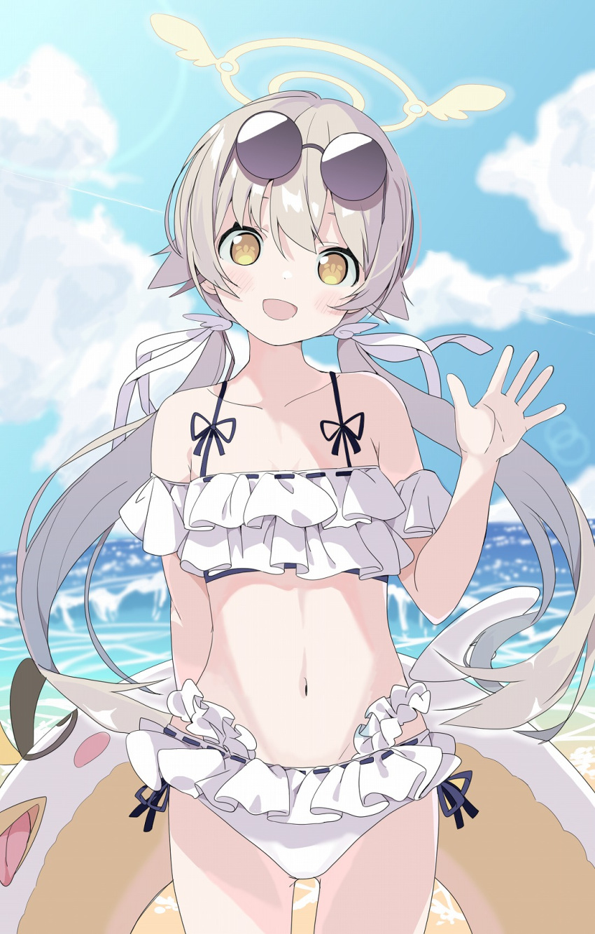 1girl :d bangs bare_shoulders bikini blue_archive blue_sky brown_eyes brown_hair clouds collarbone commentary_request day eyebrows_behind_hair eyewear_on_head hair_between_eyes halo hand_up head_tilt hifumi_(blue_archive) highres horizon innertube long_hair low_twintails navel ocean open_mouth outdoors round_eyewear sky smile solo sunglasses swimsuit tantan_men_(dragon) twintails very_long_hair water white_bikini