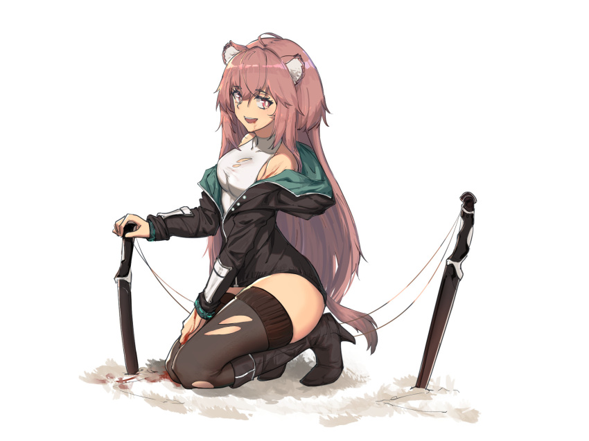 1girl animal_ears arknights bangs black_footwear black_jacket black_legwear blood blood_from_mouth blood_on_ground bloody_hands boots breasts commentary_request covered_collarbone eyebrows_visible_through_hair full_body gravel_(arknights) hair_between_eyes high_heel_boots high_heels highres infection_monitor_(arknights) injury jacket knee_boots kneeling knife long_hair long_sleeves looking_at_viewer mouse_ears off_shoulder open_mouth pink_hair planted planted_knife red_eyes shirt simple_background sleeveless sleeveless_shirt small_breasts smile solo tail thigh-highs torn_clothes torn_legwear torn_shirt upper_teeth vchan white_background white_shirt