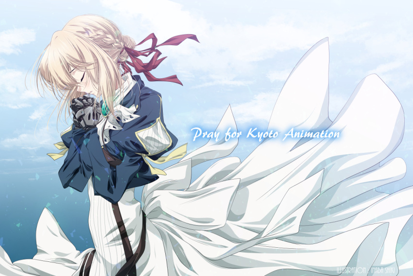 1girl blonde_hair blue_jacket blue_sky braid closed_eyes clouds crown_braid hair_intakes hands_clasped inaba_shiki jacket kyoto_animation mechanical_arms mechanical_hands own_hands_together prosthesis prosthetic_arm prosthetic_hand red_ribbon ribbon sky solo violet_evergarden violet_evergarden_(character) white_neckwear