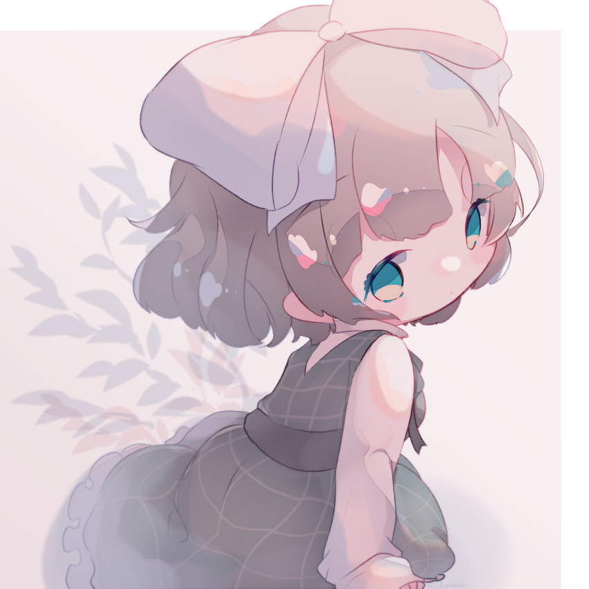 1girl aqua_eyes asuka_hina black_dress bow brown_hair chibi closed_mouth dress frilled_dress frills fuyuzuki_gato grey_bow hair_bow highres long_sleeves looking_at_viewer looking_back nijisanji shirt sitting sleeveless sleeveless_dress sleeves_past_wrists solo virtual_youtuber white_shirt