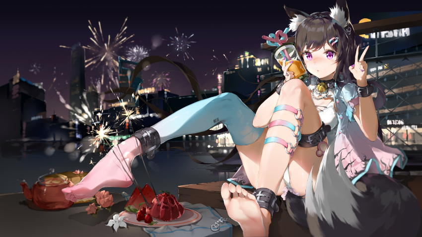 1girl absurdres aerial_fireworks animal_ear_fluff animal_ears arm_belt bangs barefoot bell black_choker black_hair blue_jacket blue_legwear blush bodhi_wushushenghua breasts chinese_commentary choker city commentary_request crazy_straw cup drinking_straw eyebrows_visible_through_hair feet fireworks gradient_clothes gradient_jacket hands_up heart_straw highres holding holding_cup jacket jingle_bell knees_up leg_strap long_hair looking_at_viewer medium_breasts nail_polish neck_bell night original outdoors panties parted_lips pink_jacket purple_nails sheer_legwear shirt short_sleeves single_thighhigh sitting soles solo tail thigh-highs thigh_strap toes underwear v violet_eyes white_panties white_shirt