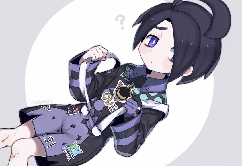 1boy ? ahoge allister_(pokemon) black_hair bright_pupils closed_mouth collared_shirt commentary_request frown gloves gym_leader highres himawari_(kawaisounaedesu) knees_together_feet_apart long_sleeves male_focus mole mole_under_mouth number partially_fingerless_gloves pokemon pokemon_(game) pokemon_swsh raised_eyebrows shirt shorts sideways_glance single_glove solo suspender_shorts suspenders suspenders_slip sweat violet_eyes white_pupils