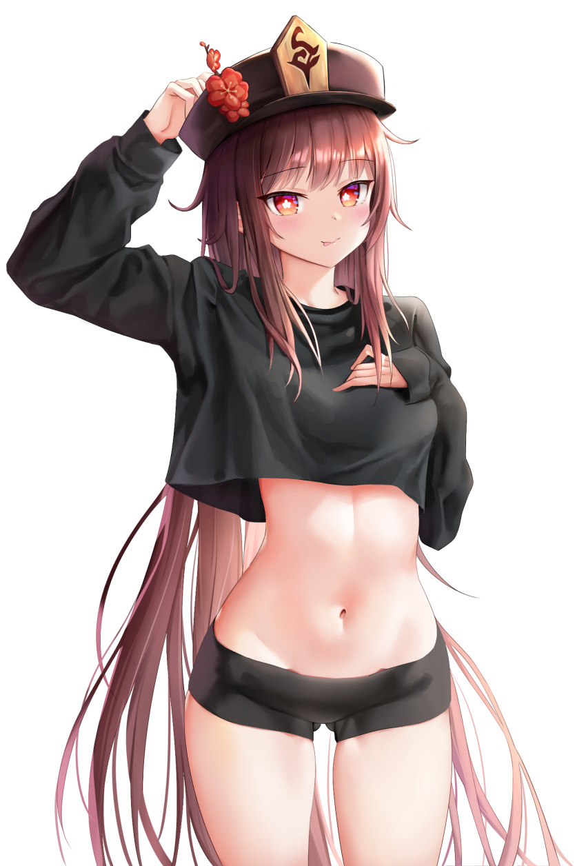 1girl arm_up ass_visible_through_thighs black_headwear black_shirt black_shorts breasts brown_hair closed_mouth cowboy_shot crop_top crop_top_overhang flower genshin_impact hair_down hand_on_own_chest hat hat_flower highres hu_tao_(genshin_impact) long_hair long_sleeves looking_at_viewer micro_shorts midriff navel plum_blossoms rable red_eyes shirt shorts simple_background small_breasts smile solo star-shaped_pupils star_(symbol) stomach symbol-shaped_pupils thighs tongue tongue_out very_long_hair white_background