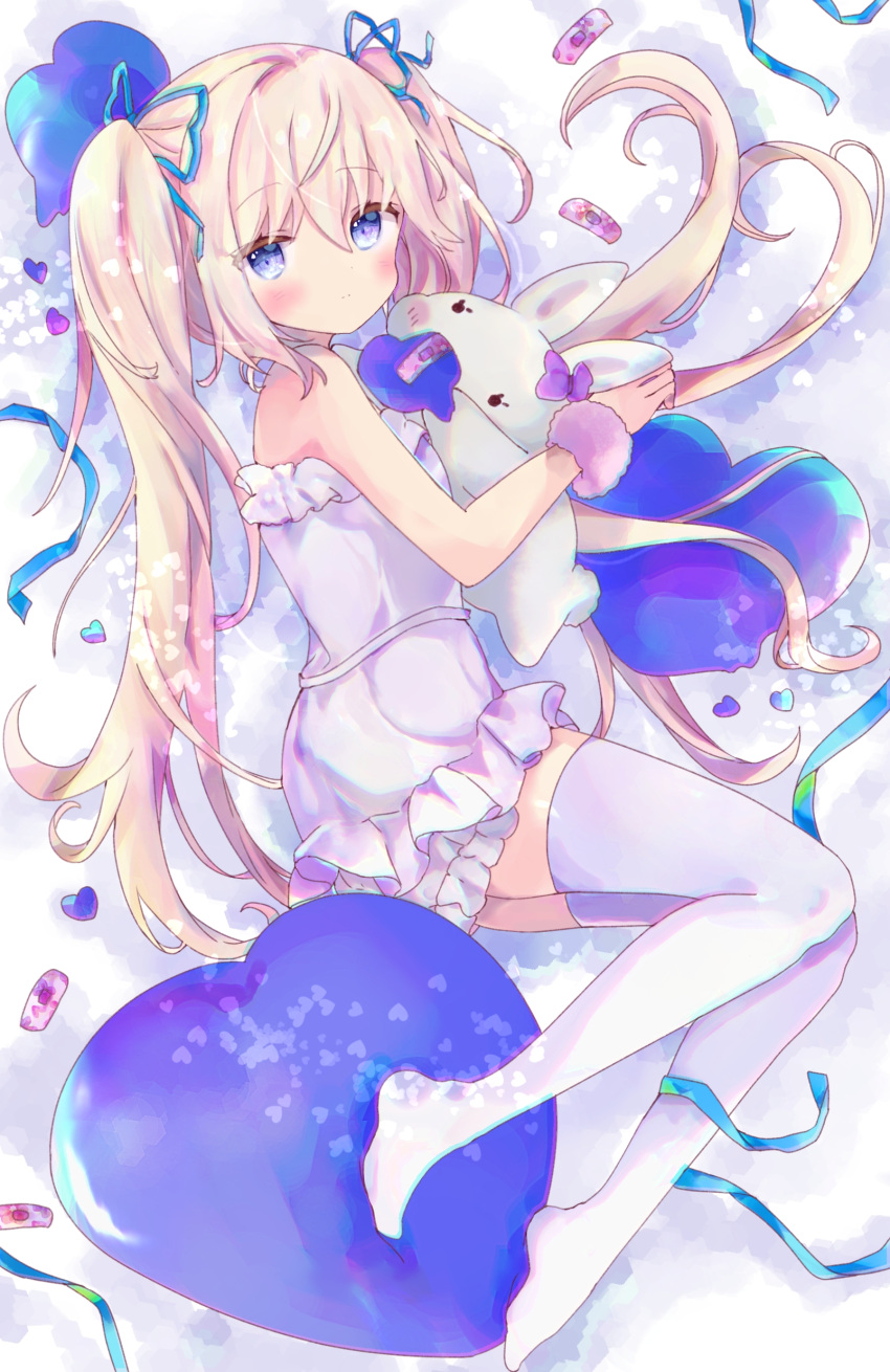 1girl absurdres animal_hug bangs blonde_hair bloomers blue_eyes blue_ribbon blush closed_mouth commentary dress eyebrows_visible_through_hair frilled_dress frills full_body hair_between_eyes hair_ribbon heart highres long_hair lying no_shoes on_side original rabbit ribbon solo symbol_commentary thigh-highs tsukiyo_(skymint) twintails underwear very_long_hair white_bloomers white_dress white_legwear