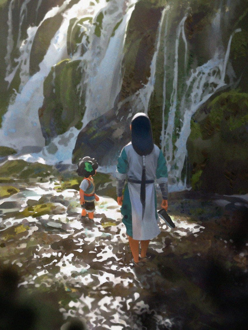 2boys animal_ears black_hair cat_boy cat_ears chenalii child day facing_away from_behind highres long_hair low-tied_long_hair luoxiaohei multiple_boys outdoors rock short_sleeves soaking_feet the_legend_of_luo_xiaohei very_long_hair water waterfall wuxian_(the_legend_of_luoxiaohei)