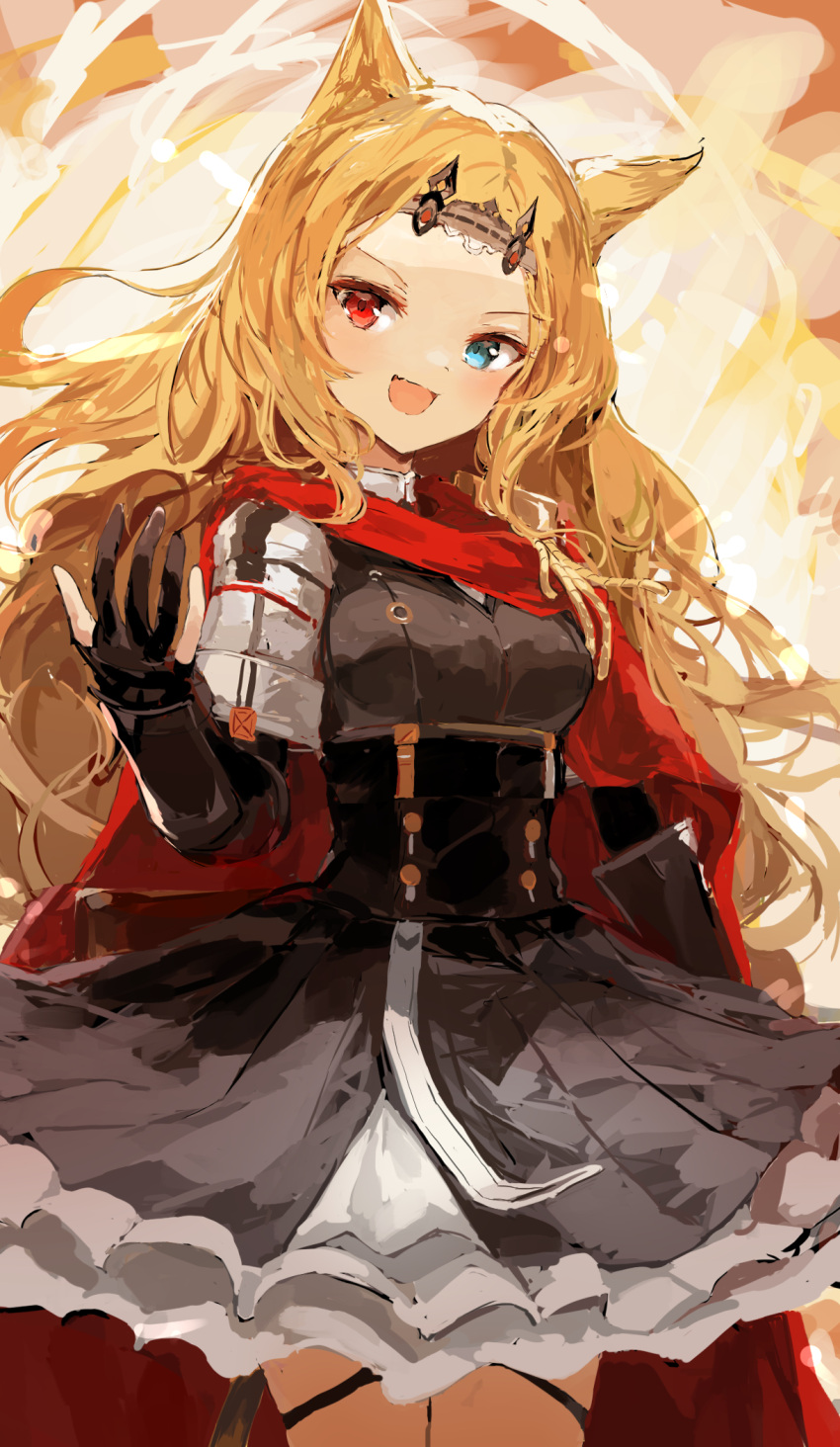 1girl :d animal_ears archetto_(arknights) arknights black_corset black_dress blonde_hair blue_eyes blush cape commentary corset cowboy_shot dress gloves heterochromia highres ichika_(ichika87) long_hair looking_at_viewer open_mouth red_cape red_eyes smile wrist_guards