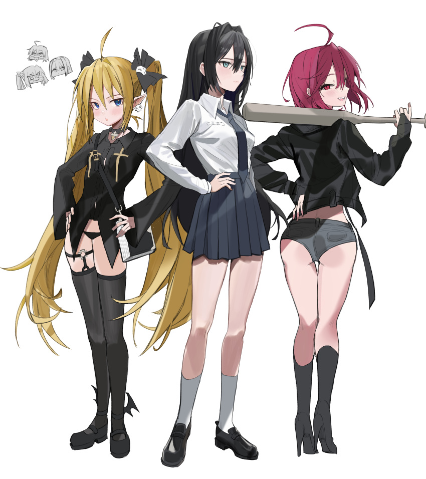3girls absurdres ahoge ass baseball_bat black_footwear black_hair black_jacket black_legwear black_panties black_shirt black_skirt blonde_hair blue_eyes book boots bow choker collared_shirt earrings freng grey_shorts hair_bow hand_on_hip hands_on_hips high_heel_boots high_heels highres jacket jewelry knee_boots loafers long_hair long_sleeves looking_at_viewer looking_away looking_back mary_janes micro_shorts multiple_girls no_pants original panties pleated_skirt pointy_ears red_eyes redhead shirt shirt_tucked_in shoes short_hair shorts sidelocks skirt socks standing thigh-highs twintails underwear very_long_hair white_shirt