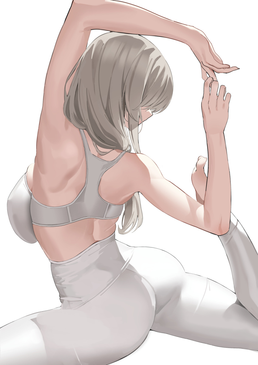 1girl arms_up ass back backboob bangs bare_shoulders barefoot breasts from_behind hair_over_shoulder highres k_pring large_breasts long_hair original pants silver_hair sports_bra stretch white_background white_pants white_sports_bra yoga_pants