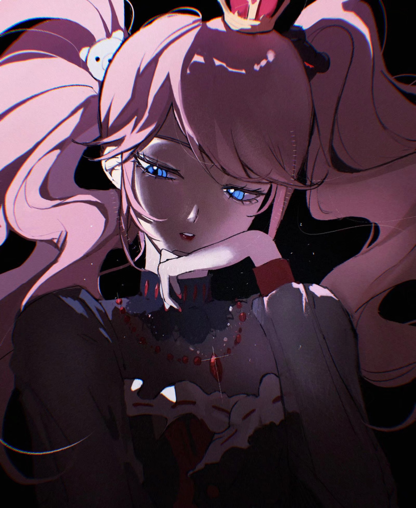 1girl alternate_costume bear_hair_ornament black_background blue_eyes colored_sclera commentary_request crown dangan_ronpa:_trigger_happy_havoc dangan_ronpa_(series) dress enoshima_junko eyebrows_visible_through_hair floating_hair grey_sclera hair_ornament half-closed_eyes hand_on_own_chin hand_up highres jewelry lips long_hair long_sleeves looking_at_viewer nail_polish necklace parted_lips pink_hair ribbon_trim shi_xu_jiu_zhou solo sparkle teeth twintails upper_teeth very_long_hair