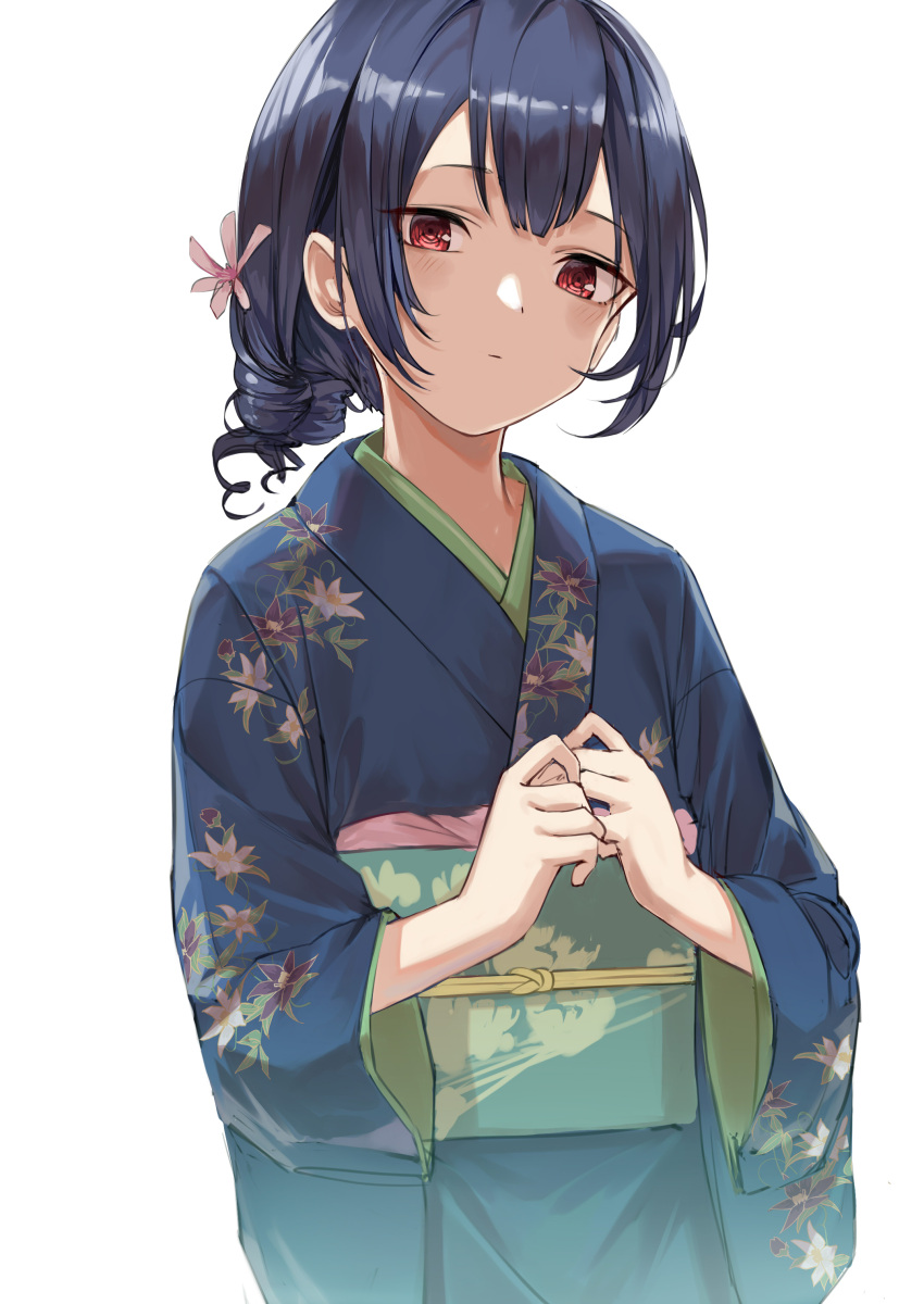 1girl absurdres black_hair blue_kimono blush closed_mouth flower hair_flower hair_ornament haruyuki_(gffewuoutgblubh) highres idolmaster idolmaster_shiny_colors japanese_clothes kimono looking_at_viewer morino_rinze red_eyes sidelocks simple_background solo tied_hair upper_body white_background