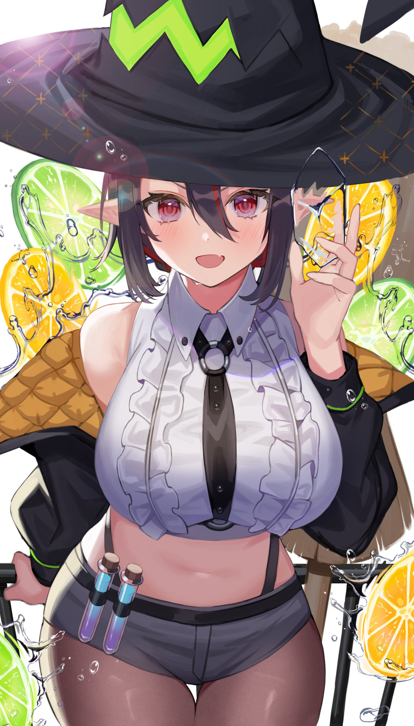 1girl :d absurdres amahara_subaru bangs black_hair black_headwear black_jacket black_neckwear black_shorts blush breasts brown_legwear collared_shirt commentary cowboy_shot crop_top fang food fruit hair_between_eyes hat highres holding ice ice_cube jacket large_breasts legwear_under_shorts lemon lemon_slice looking_at_viewer midriff multicolored_hair navel necktie off_shoulder open_clothes open_jacket open_mouth original pantyhose railing red_eyes redhead shirt short_hair short_shorts shorts skin_fang sleeveless sleeveless_shirt smile solo standing streaked_hair symbol_commentary test_tube thigh_gap white_shirt witch_hat