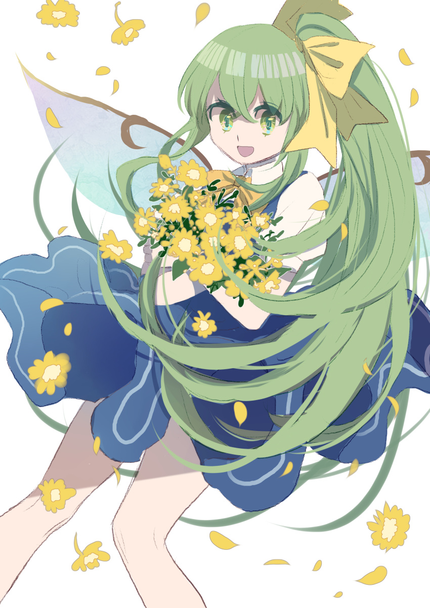 1girl absurdres bangs blue_dress bouquet bow collar crossed_arms daiyousei dress eyebrows_visible_through_hair fairy_wings flower green_eyes green_hair hair_between_eyes hands_up highres leaf long_hair looking_at_viewer open_mouth petals ponytail shocho_(shaojiujiu) short_sleeves simple_background smile solo touhou white_background white_collar white_sleeves wings yellow_bow yellow_flower yellow_neckwear
