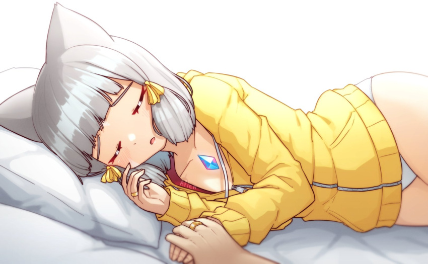 1girl alten animal_ears bangs bed blunt_bangs cat_ears chest_jewel facial_mark highres jewelry nia_(xenoblade) on_bed out_of_frame panties ring short_hair silver_hair sleeping underwear xenoblade_chronicles_(series) xenoblade_chronicles_2