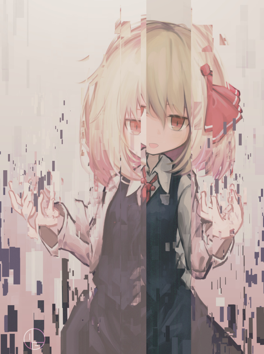 1girl arms_up bad_hands bangs black_skirt black_vest blonde_hair bow breasts collared_shirt glitch hair_bow highres lit_ter long_sleeves looking_at_viewer open_mouth red_eyes rumia shirt short_hair skirt skirt_set small_breasts solo standing touhou vest white_background white_shirt