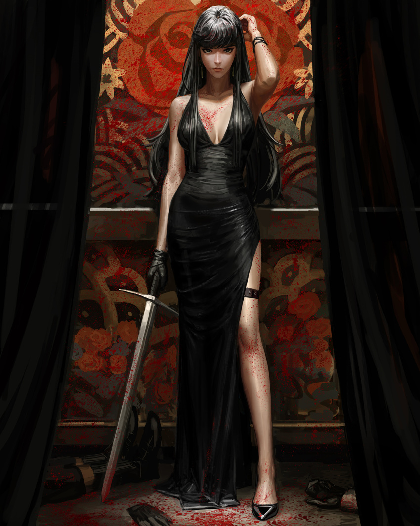 1girl 2others arm_up bangs bare_shoulders black_dress black_eyes black_footwear black_gloves black_hair black_legwear blood breasts commentary curtains dress gloves gloves_removed guweiz highres holding holding_sword holding_weapon long_hair looking_at_viewer medium_breasts multiple_others original shoes side_slit sleeveless sleeveless_dress socks solo_focus sword symbol_commentary very_long_hair weapon