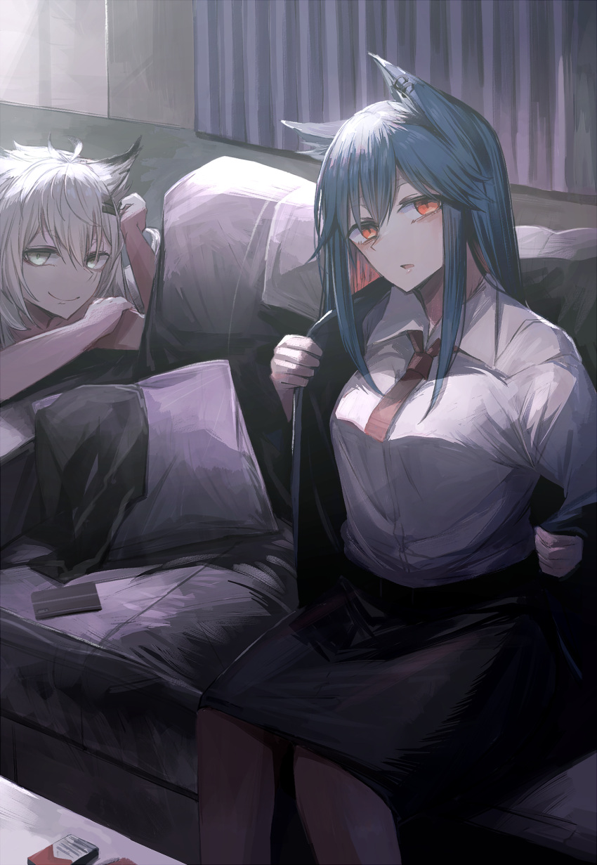 2girls animal_ears arknights bangs black_jacket black_skirt blue_hair business_suit couch curtains formal hair_ornament highres jacket lappland_(arknights) long_hair looking_at_viewer miyabino_(miyabi1616) multiple_girls necktie parted_lips red_eyes red_neckwear shirt silver_hair sitting skirt smile suit texas_(arknights) undressing white_shirt wolf_ears wolf_girl