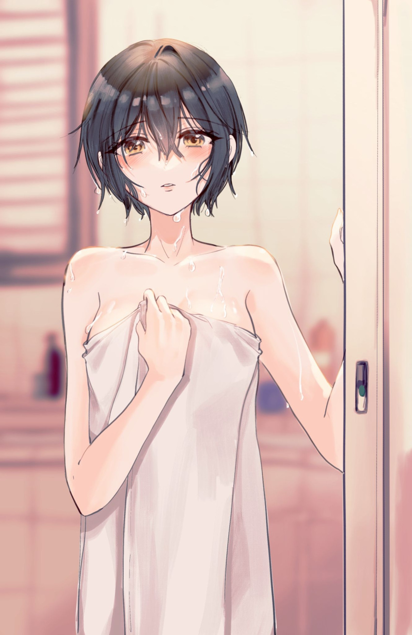 1girl bangs bathroom black_hair blurry blurry_background collarbone commentary covering d4dj giraffe_three hair_between_eyes hands_up highres looking_at_viewer miyake_aoi naked_towel nude_cover parted_lips short_hair solo towel upper_body wet wet_hair yellow_eyes