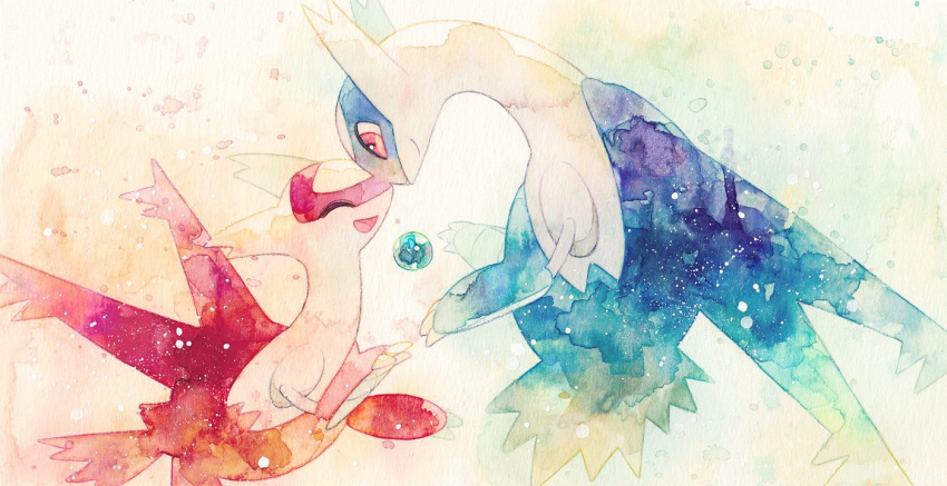 claws closed_eyes closed_mouth from_side gen_3_pokemon happy latias latios legendary_pokemon looking_at_another no_humans oharu-chan open_mouth pokemon pokemon_(creature) red_eyes smile tongue traditional_media watercolor_(medium) |d