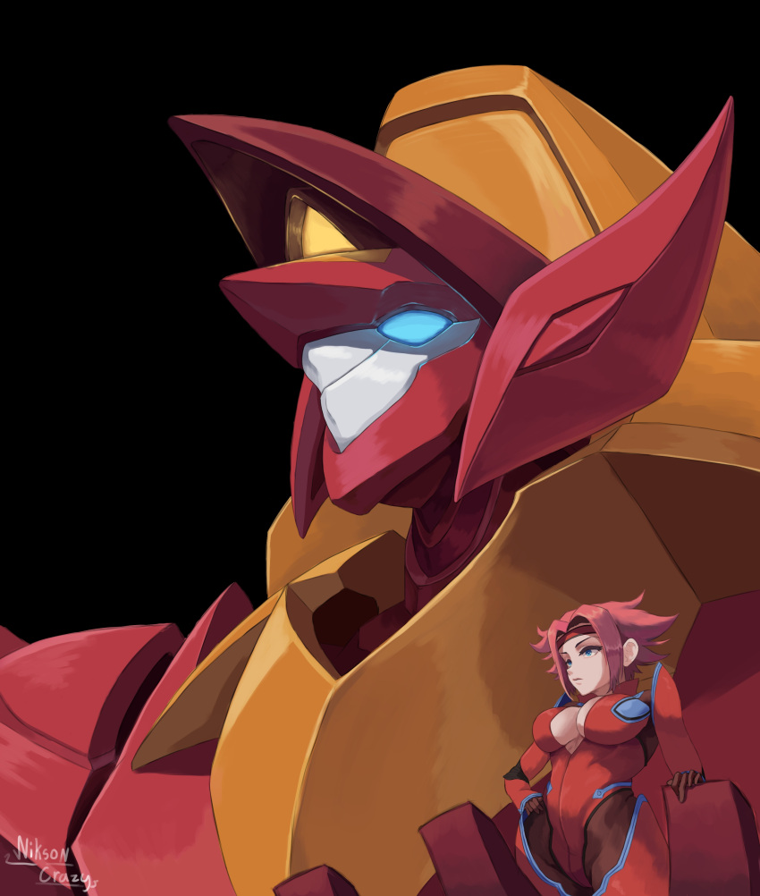 1girl absurdres artist_name black_background blue_eyes bodysuit breasts code_geass english_commentary glowing glowing_eye guren hair_behind_ear highres holding_person kallen_stadtfeld leaning_back mecha medium_breasts niksoncrazy pilot_suit red_bodysuit redhead science_fiction short_hair solo_focus under_boob upper_body