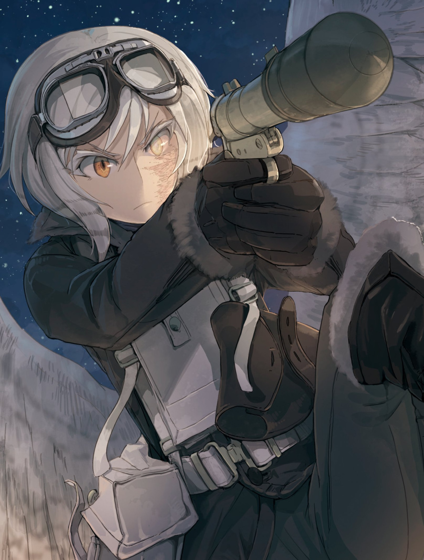 1girl aiming asterisk_kome bag bangs belt black_footwear black_gloves black_jacket boots close-up closed_mouth commentary feathered_wings foreshortening frances_royce frown gloves goggles goggles_on_head grenade_launcher gun heterochromia highres holding holding_weapon jacket knee_boots knee_up long_sleeves night orange_eyes outdoors pants scar scar_on_face short_hair sky solo solo_focus star_(sky) starry_sky v-shaped_eyebrows weapon white_belt white_eyes white_hair white_wings winged_fusiliers wings