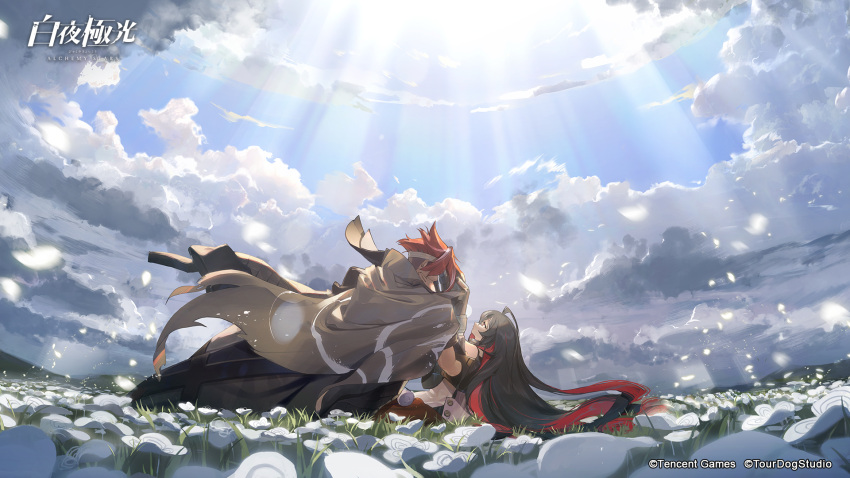 1boy 1girl ahoge alchemy_stars bangs black_hair cape clouds cloudy_sky commentary_request company_name copyright_name covered_eyes eve_(alchemy_stars) field flower flower_field hand_on_another's_face headband highres light_rays long_hair looking_at_another mechanical_arms multicolored_hair official_art petals redhead screw single_mechanical_arm sinsa_(alchemy_stars) sky sunbeam sunlight swept_bangs